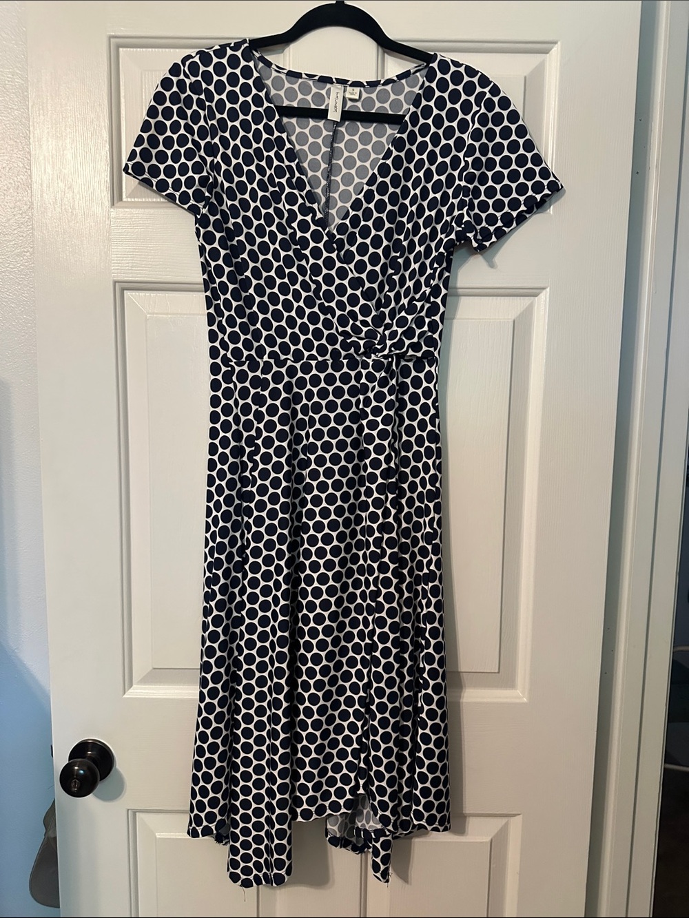 Navy and White Polka Dot Midi Wrap Dress